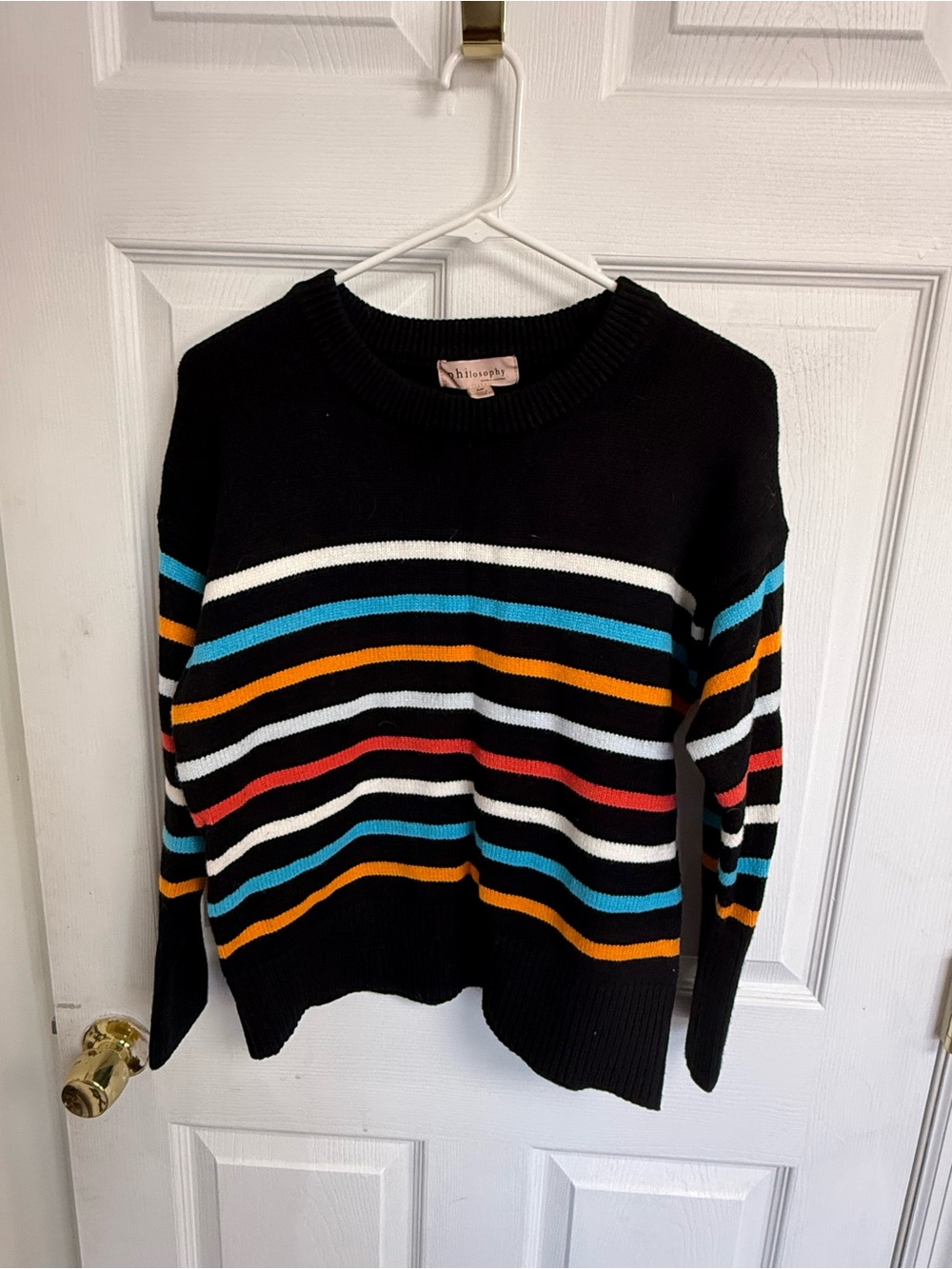 Philosophy Black Crewneck Sweater with Blue, Orange, Red & White Stripes